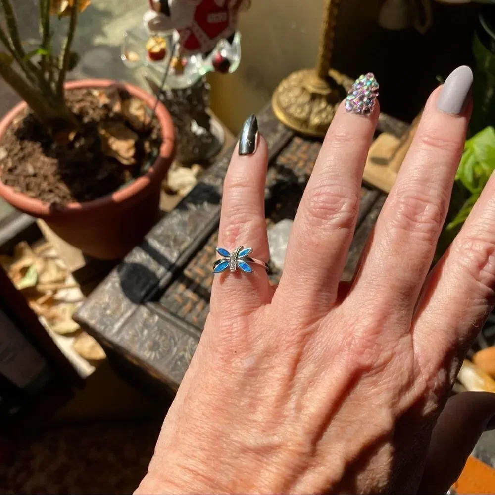 Dragonfly Blue Opal & Cz Sterling Silver Ring 5,6